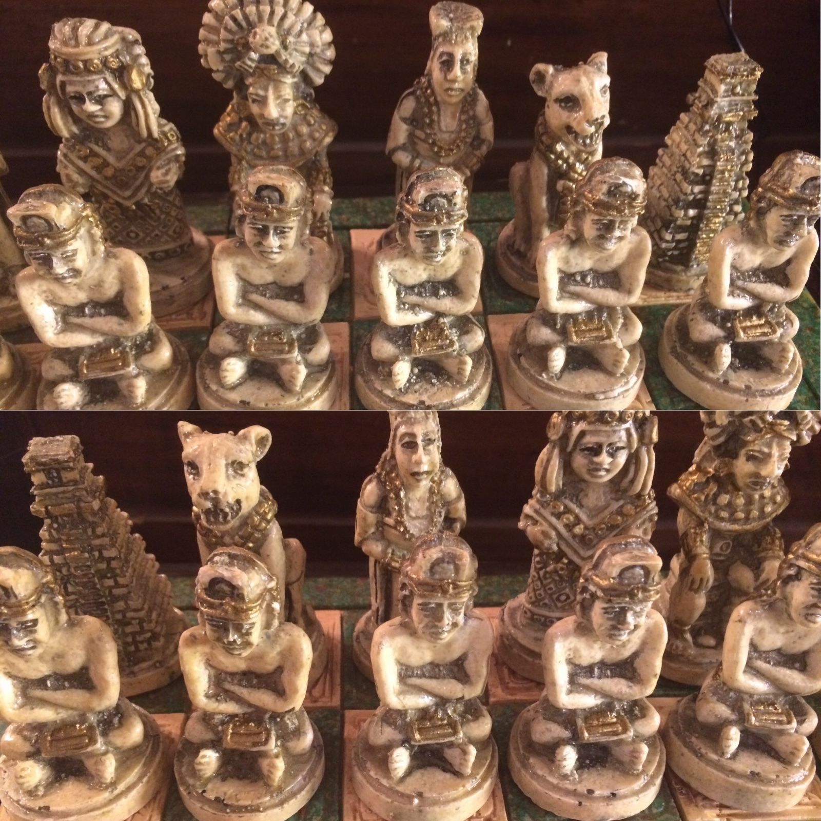Antique Wood and Stone Mayan/Mexican Chess Set